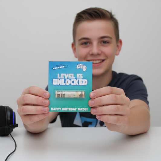 A young man holding up a money holder card that reads Level 13 Unlocked Happy Birthday Jacob! There is a loading graphic and also a controller on the top of the blue card.