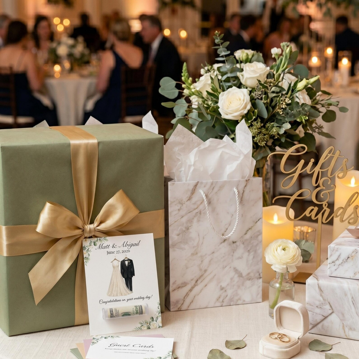 A styled wedding gift table scene with a large olive green gift box tied with a wide gold ribbon, a marble gift bag, a floral centerpiece, candles, rings in an open box, and gift cards on a table. The background shows a softly blurred event setting with tables and guests.