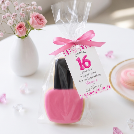 Picture of a gift tag that reads Cheers to 16 years! Thank you for celebrating Emma's 16th Birthday! 