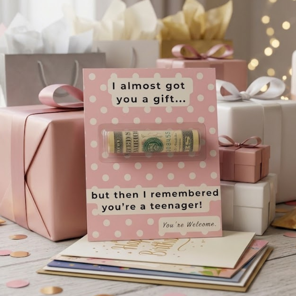 A pink gift card with white polka dots and a humorous message stands in front of wrapped presents. A rolled dollar bill is visible through a clear tube attached to the card.
