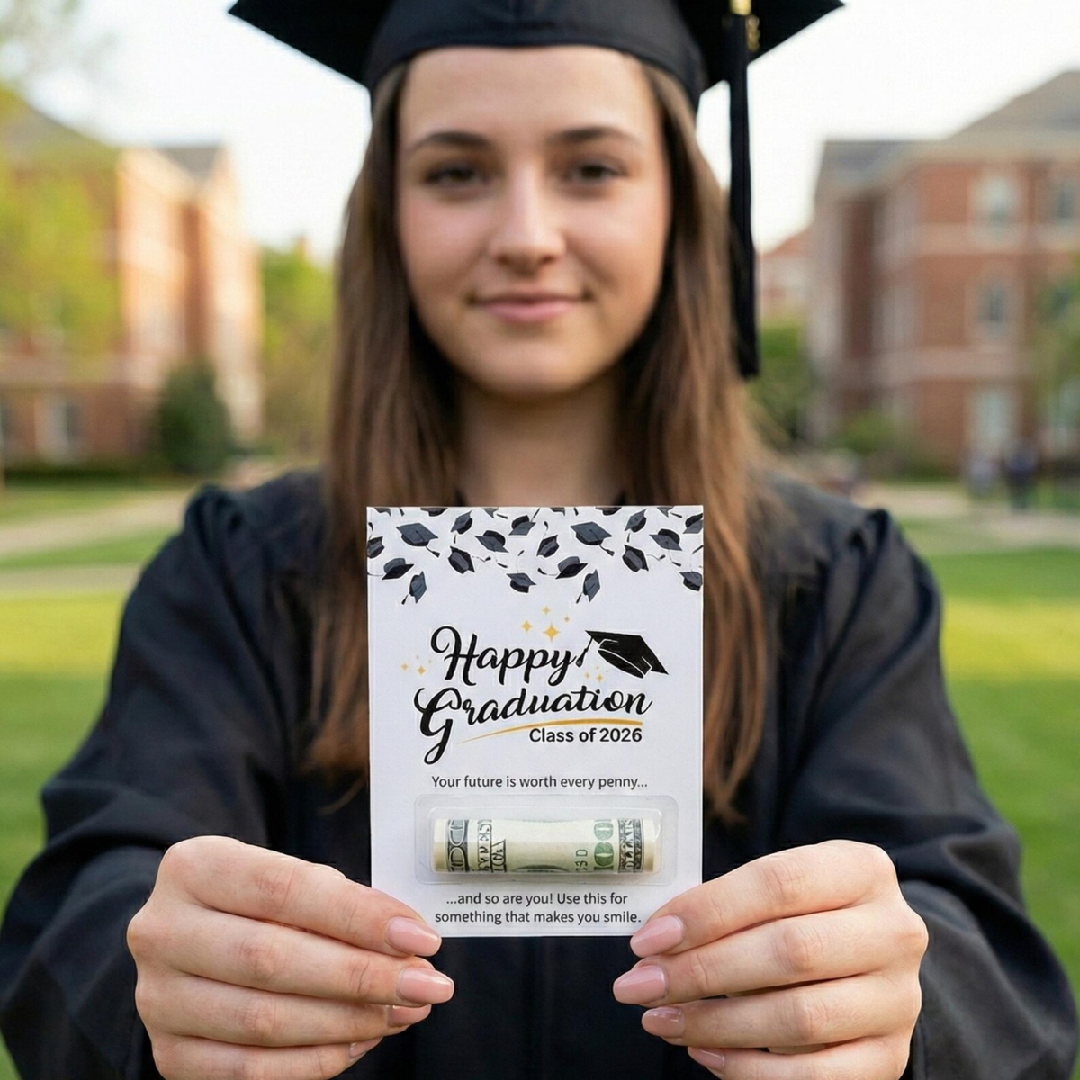 A woman in a black graduation cap and gown holds up a graduation money envelope containing a rolled dollar bill. The envelope is printed with 'Happy Graduation Class of 2026' and a black cap graphic.