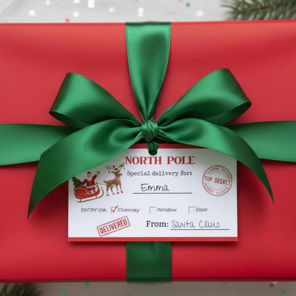 A red gift box tied with a large green satin ribbon and bow, with a white holiday delivery tag attached. The tag reads "NORTH POLE" and includes Christmas-themed illustrations and handwritten-style text.