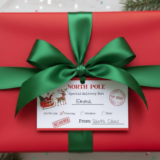 A red gift box tied with a large green satin ribbon and bow, with a white holiday delivery tag attached. The tag reads "NORTH POLE" and includes Christmas-themed illustrations and handwritten-style text.