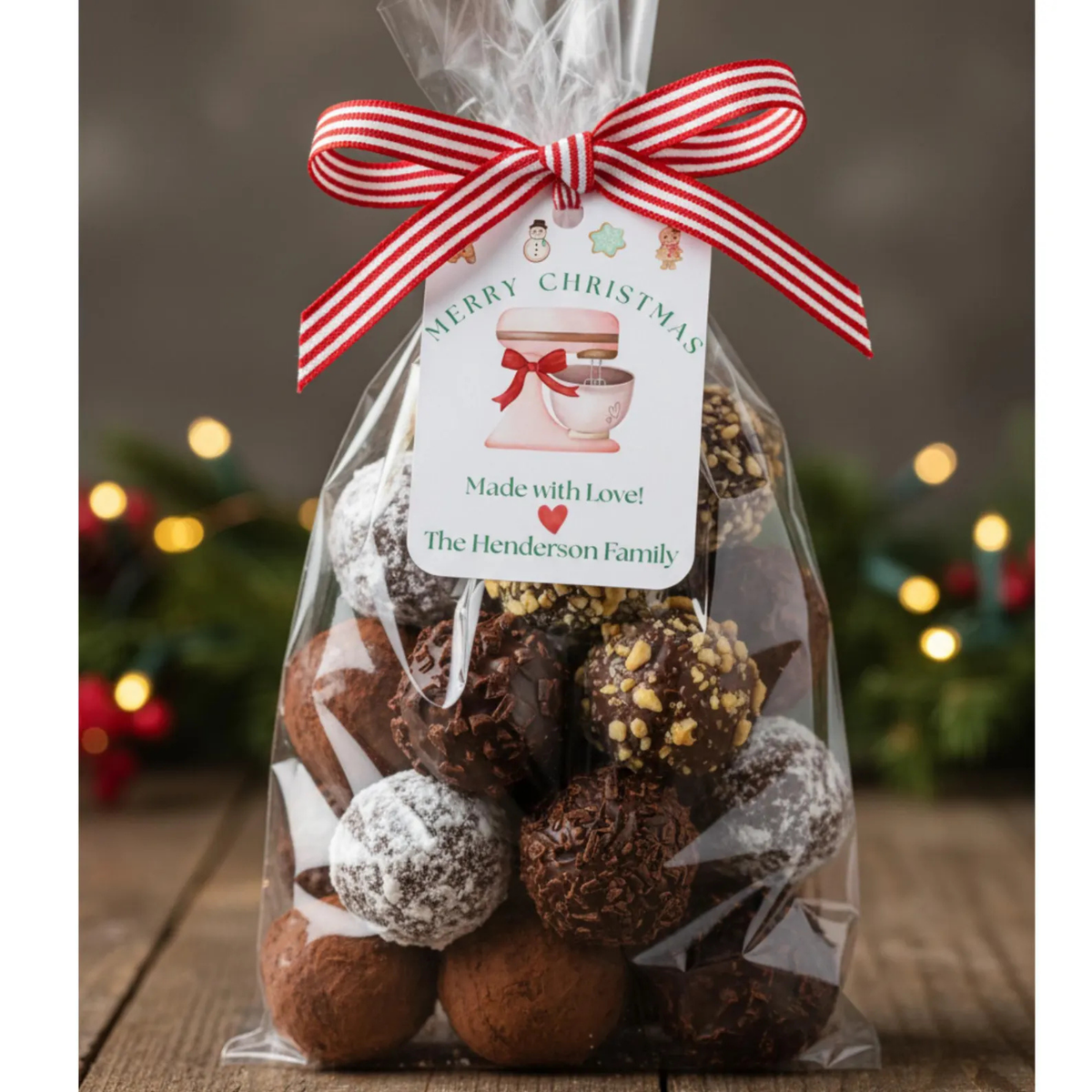 A clear cellophane gift bag filled with assorted chocolate truffles, tied with a red-and-white striped bow and a personalized Christmas tag reading 'Merry Christmas' and 'Made with Love! The Henderson Family.' The bag is photographed on a wooden surface with blurred holiday lights and greenery in the background.