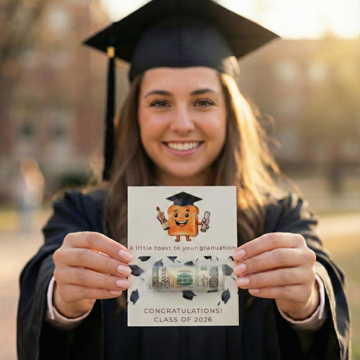 A smiling graduate in a black cap and gown holds up a custom cardboard money tunnel card featuring a cartoon graduation cap and the text 'A little toast to your graduation' and 'CONGRATULATIONS! CLASS OF 2026'.