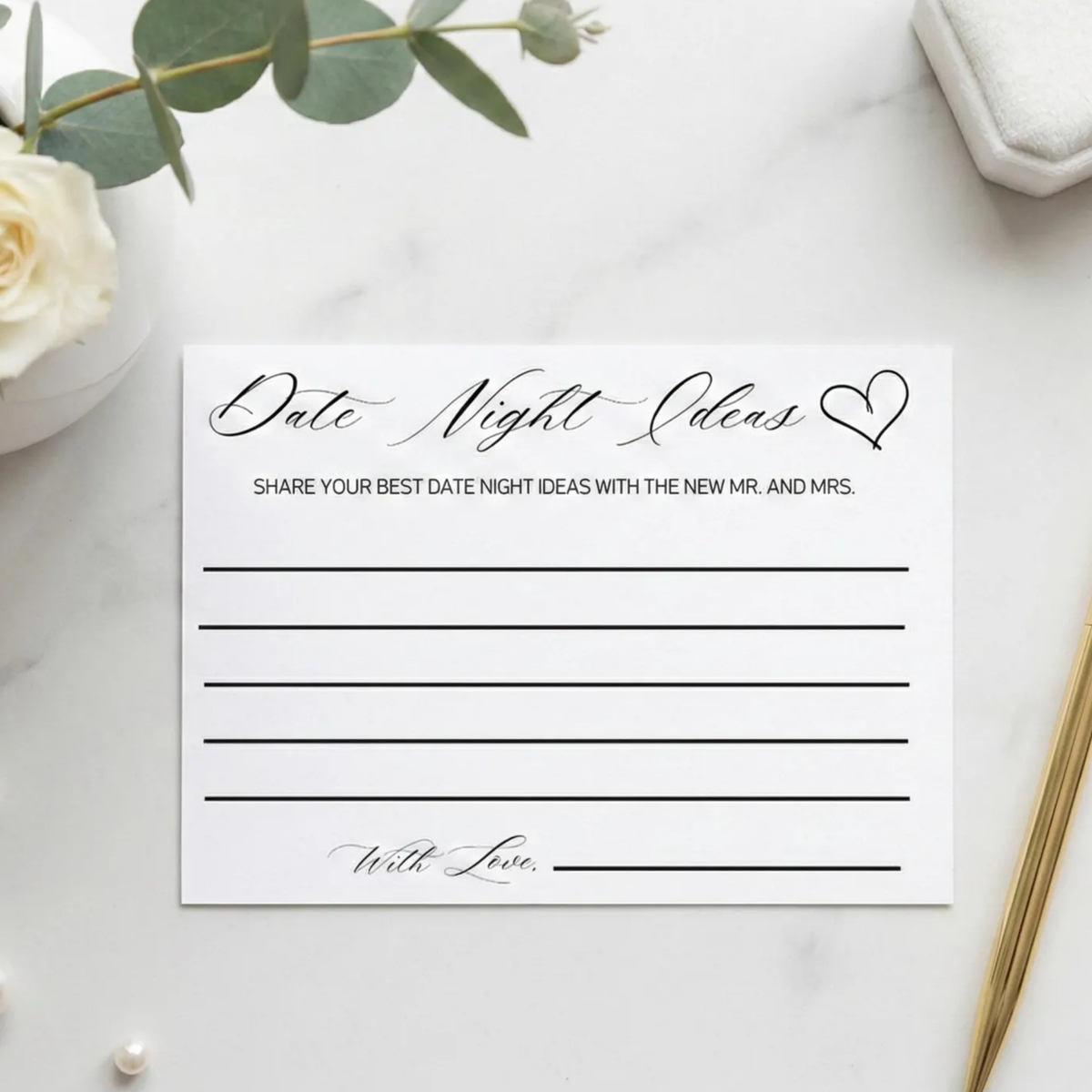 A white rectangular card with black script and serif text reading 'Date Night Ideas' and 'Share your best date night ideas with the new Mr. and Mrs.