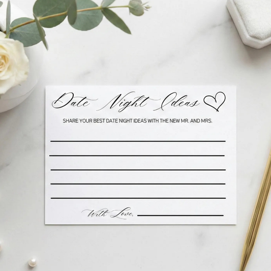 A white rectangular card with black script and serif text reading 'Date Night Ideas' and 'Share your best date night ideas with the new Mr. and Mrs.