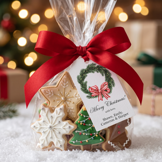 A clear cellophane gift bag filled with decorated gingerbread cookies, tied with a large red ribbon and topped with a white holiday tag that reads 'Merry Christmas!'. The bag is photographed on white faux snow with a blurred Christmas tree and lights in the background.