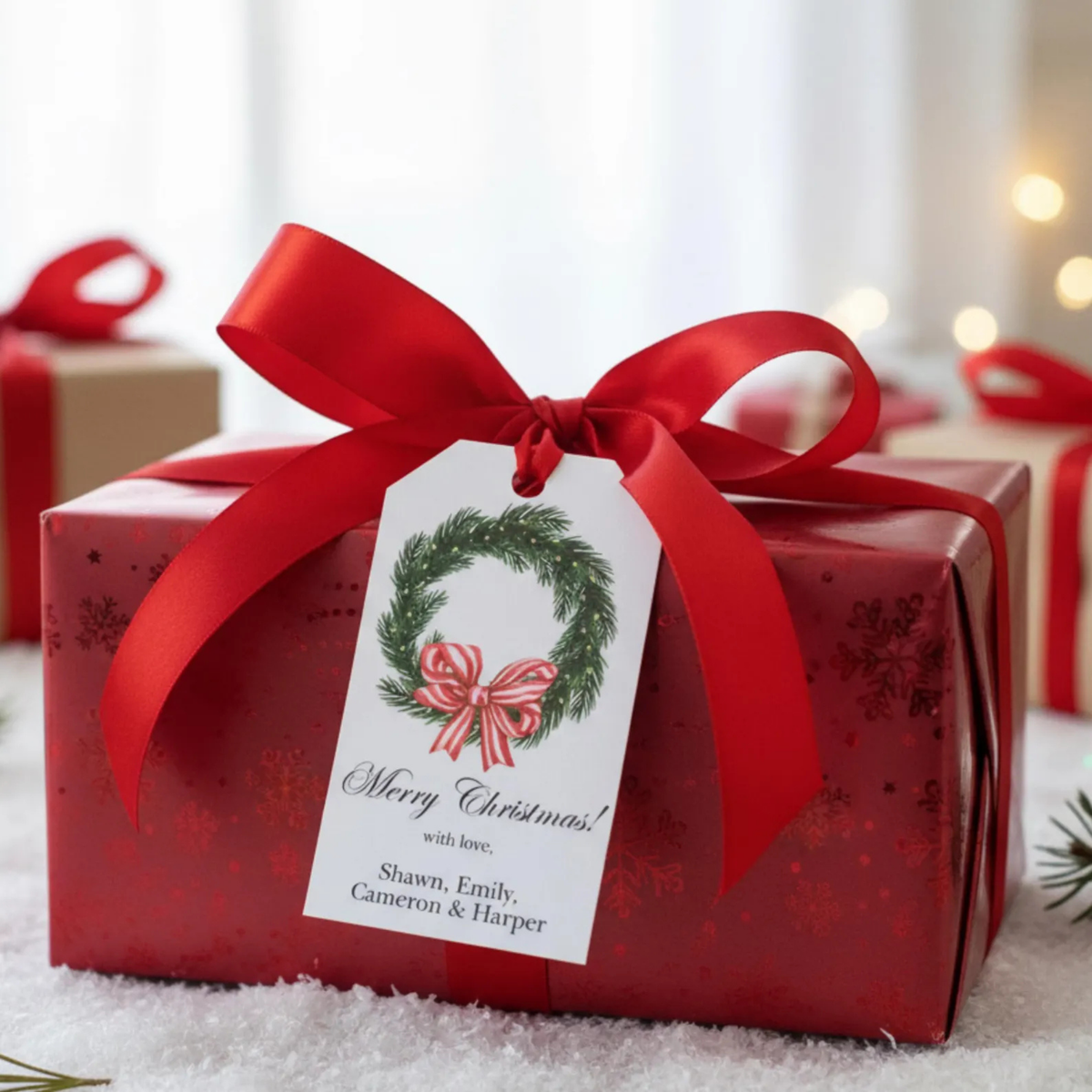 A red gift box wrapped in patterned red paper, tied with a large red ribbon and bow, with a hanging Christmas tag that reads 'Merry Christmas with love. Shawn, Emily, Cameron & Harper.