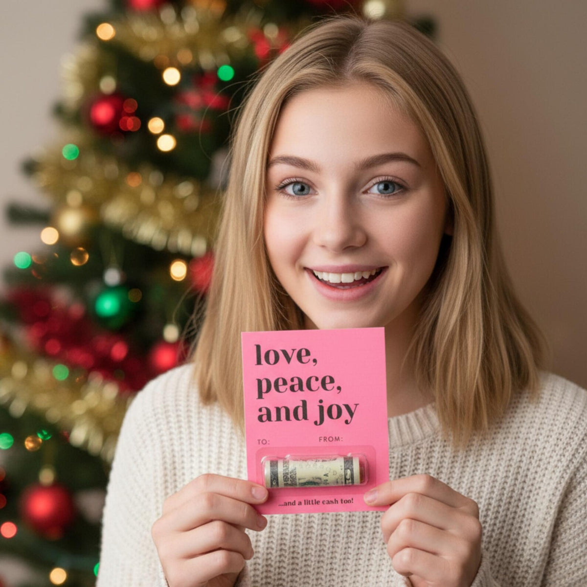 A smiling young woman holds a pink holiday greeting card with a rolled dollar bill attached at the bottom. The card reads 'love, peace, and joy' with blank spaces for to and from.