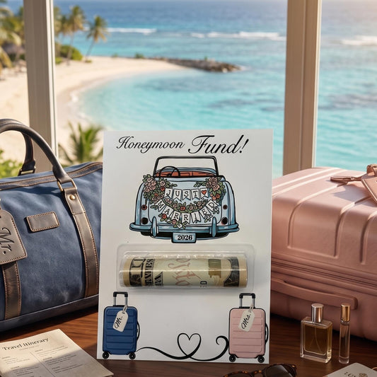 A Honeymoon fund money holder card displayed on a table near suitcases with a tropical setting out the window of beach and palm trees. there is a plastic money tube with rolled up bills inside.